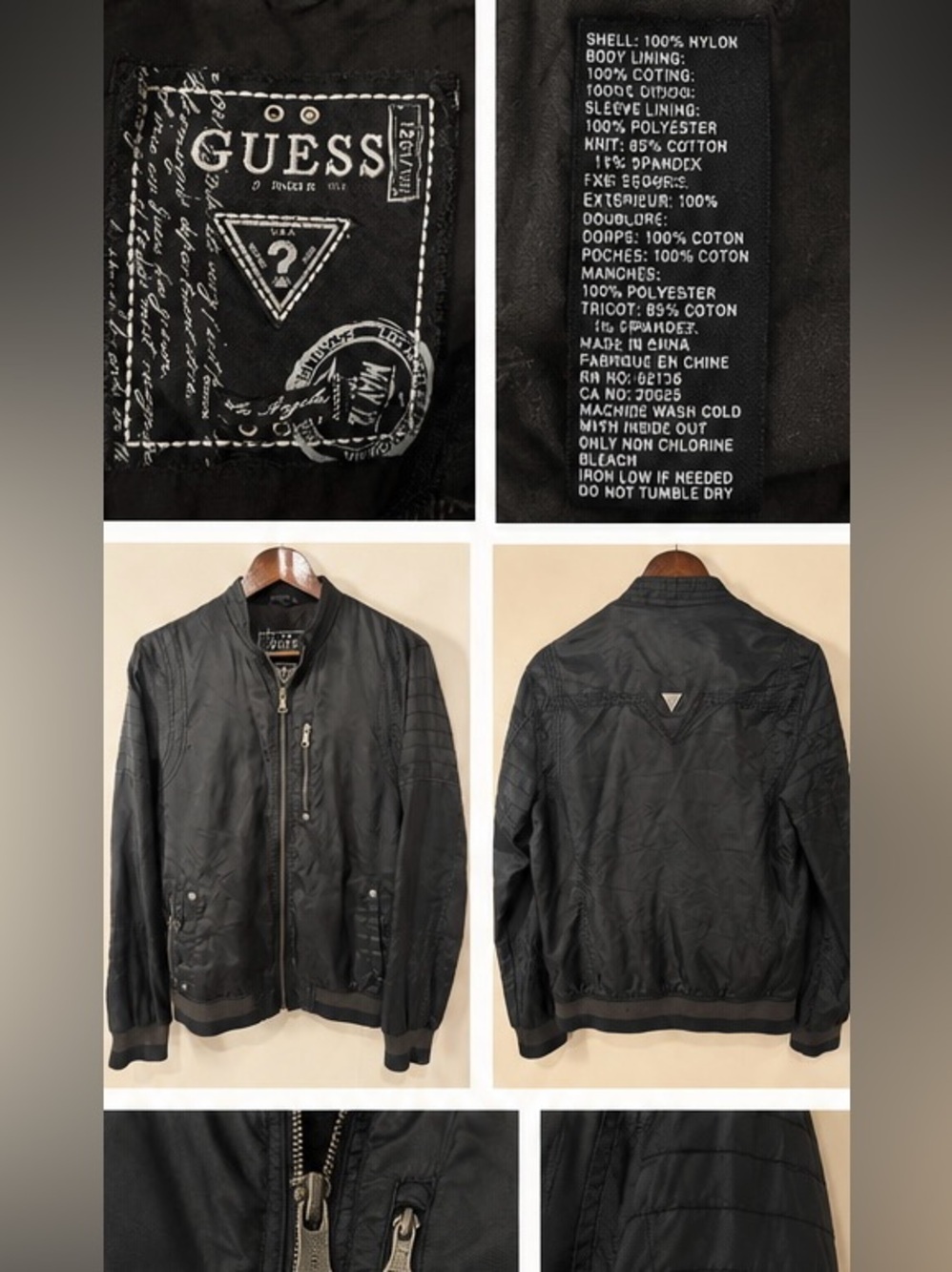 GUESS Men’s Black Bomber Jacket Moto Style Full Zip Lightweight Coat Small - Picture 2 of 10
